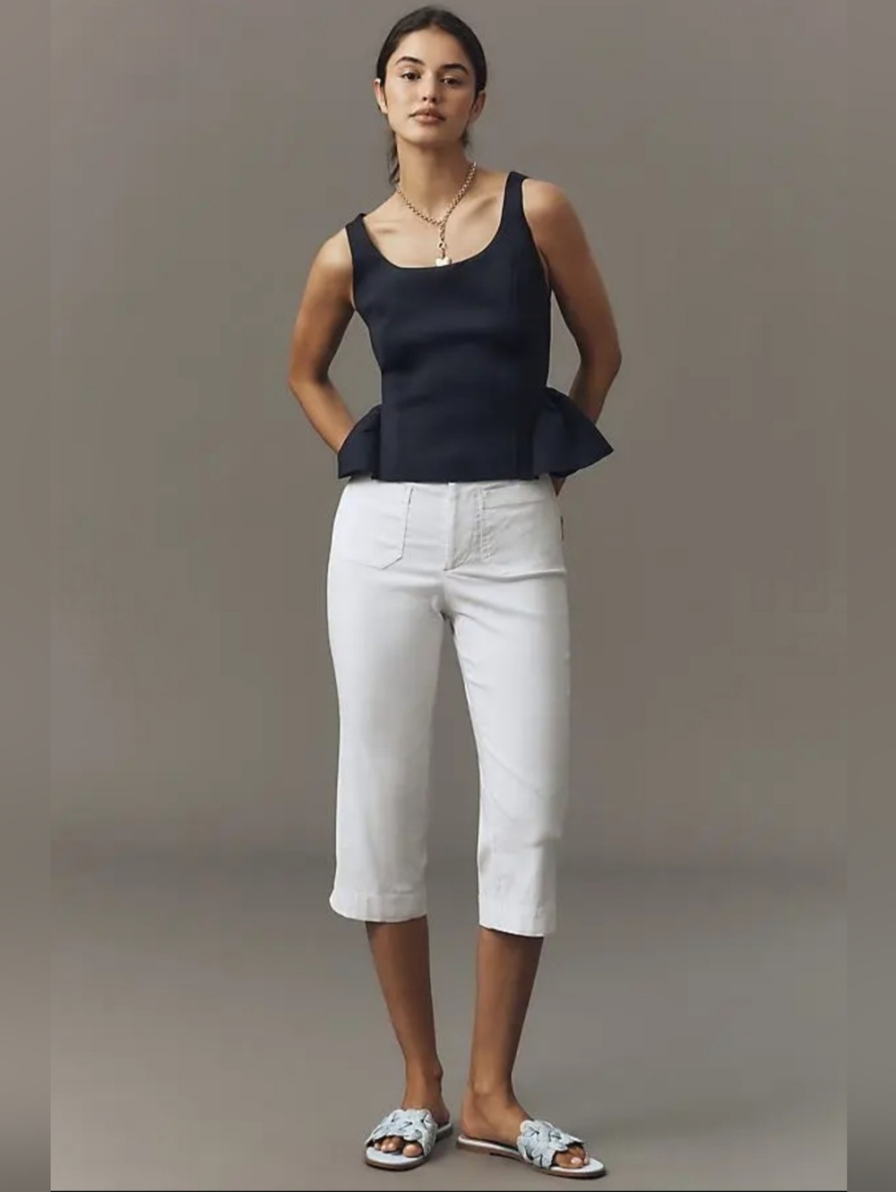 Anthropologie Maeve Navy Peplum Tank Top NWT Size L Stretch Pullover - Picture 2 of 3